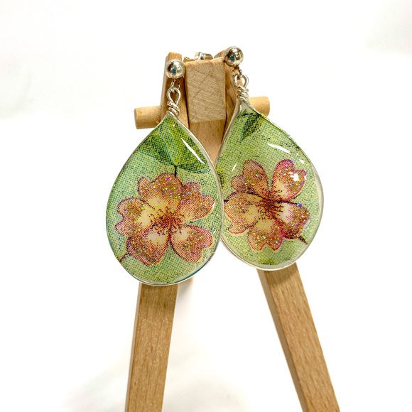 HANDMADE Mixed Media Floral Resin Art Sterling Silver Drop Earrings - Picture 9 of 10